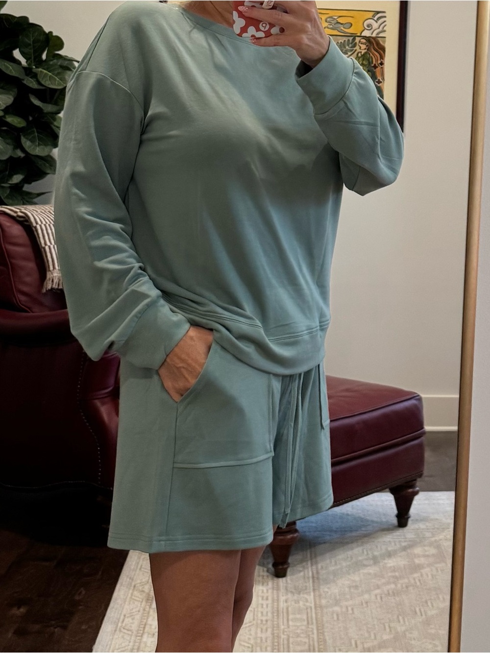 Sage Green Long Sleeve Women’s Relaxed Tee With Matching Shorts - Brand